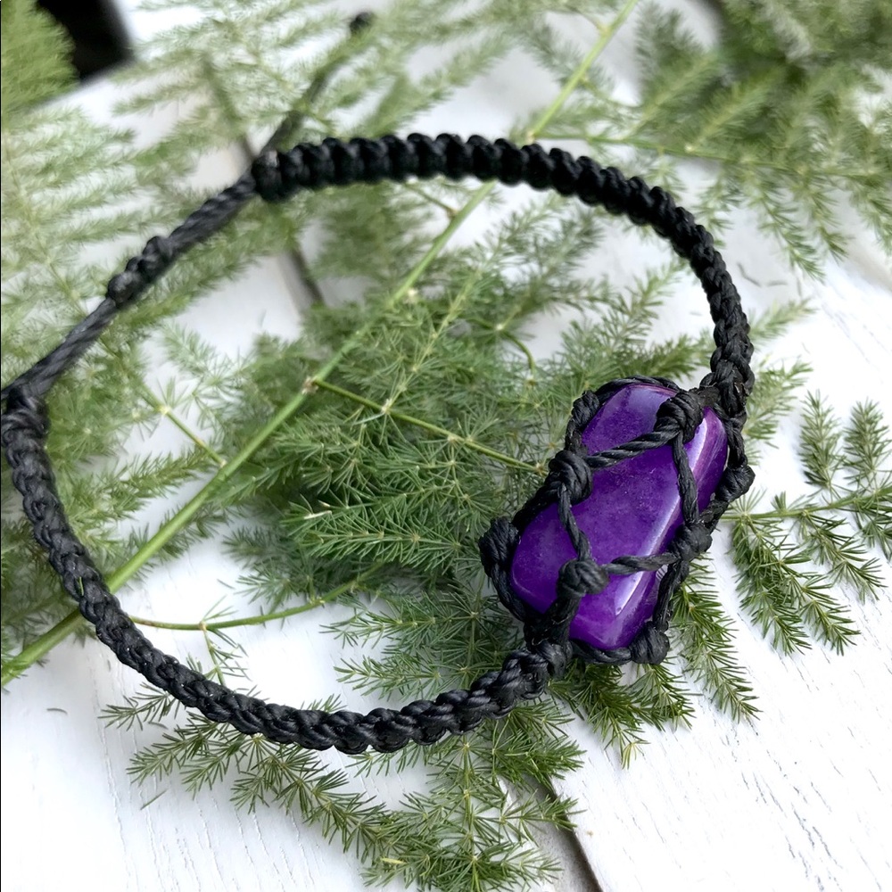 ☽Wrapped Amethyst Crystal Black Waxed Bracelet ☾ - Picture 4 of 4